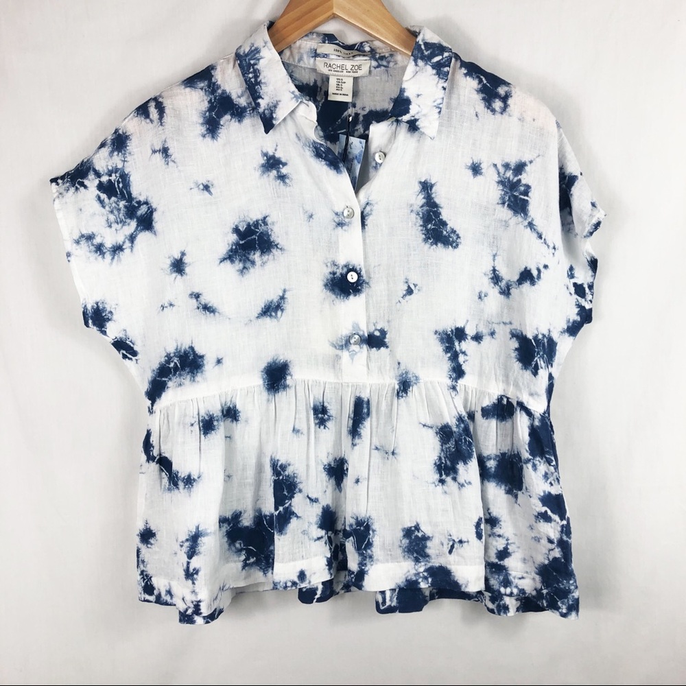 NWT Rachel Zoe Linen Tye Dye Collared Blouse | Blue & White | Size Small